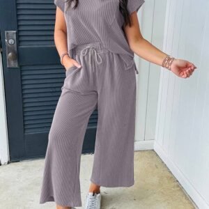 Wild Wind Solid Corded Knit Short Sleeve T Shirt And Wide Leg Pants Set