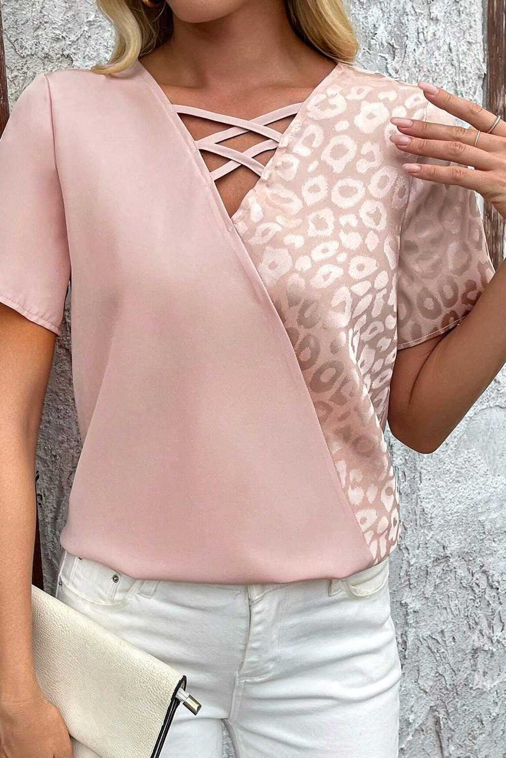 Apricot Pink Leopard Jacquard Patchwork Crisscross V Neck Short Sleeve Blouse