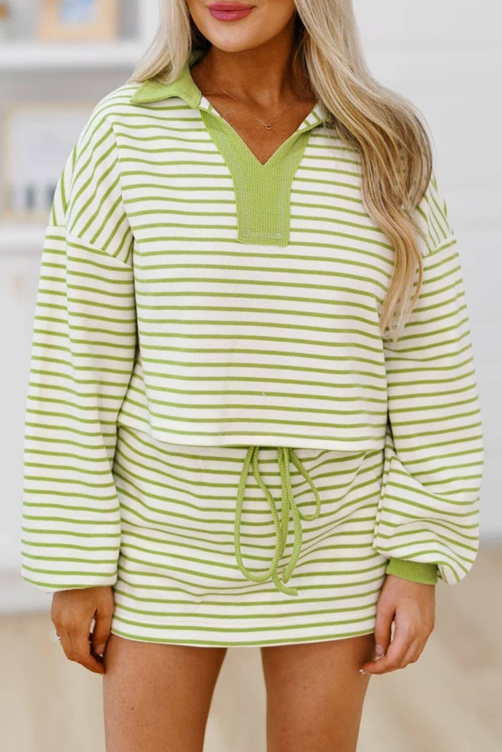 Green Stripe Collared V Neck Drop Shoulder Pullover And Skort 2Pcs Outfit