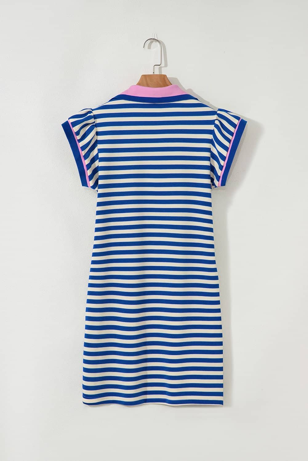 Dark Blue Stripe Print Contrast Collar Split Neck Flutter Sleeve Short Dress