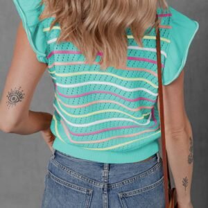 Green Colorful Striped Eyelet Knit Ruffled Sleeve Sweater T Shirt