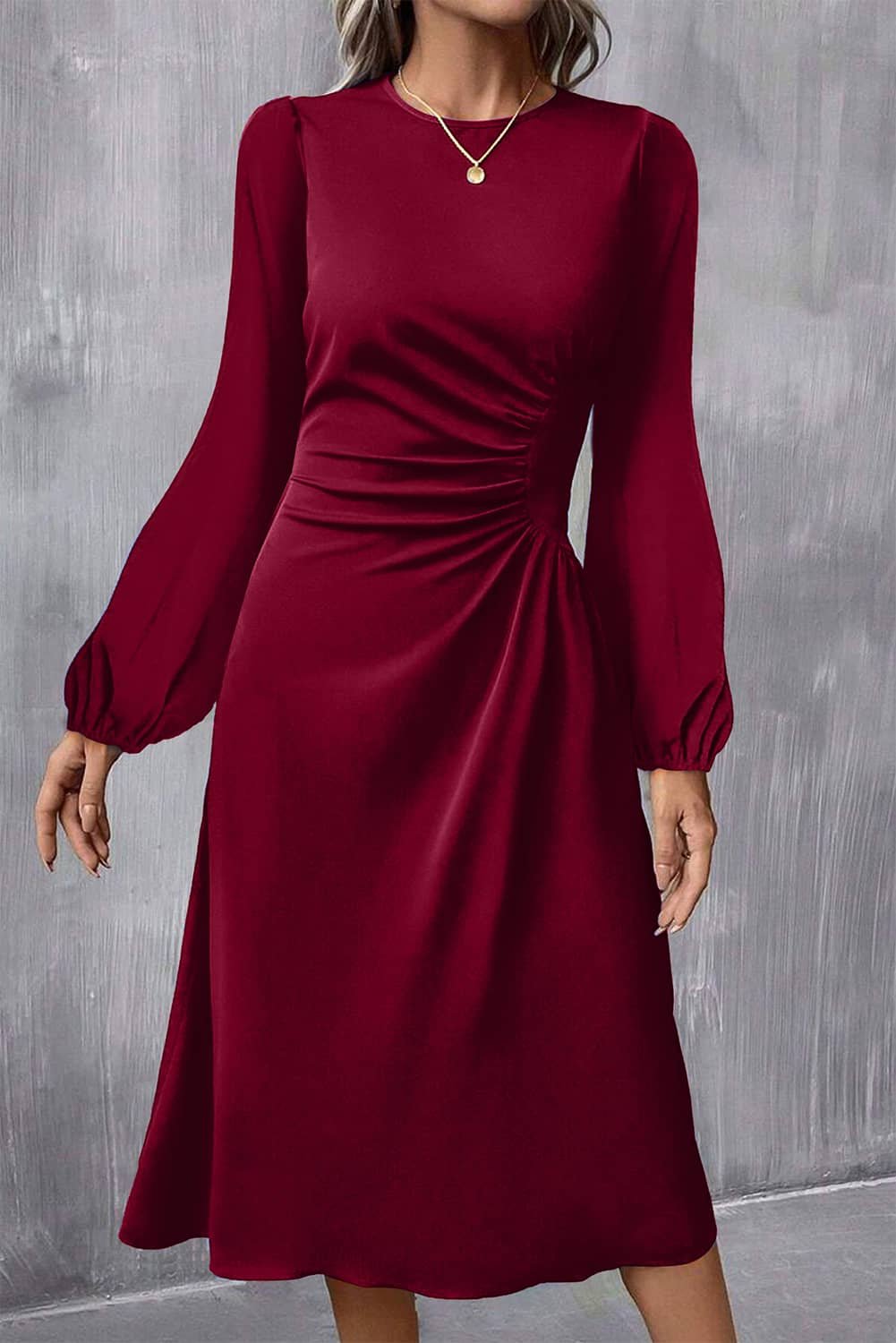 Burgundy Solid Color Ruched Detail Long Sleeve Midi Dress