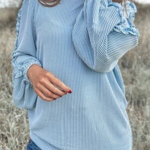 Mist Blue Corded Frilly Puff Sleeve Round Neck Blouse