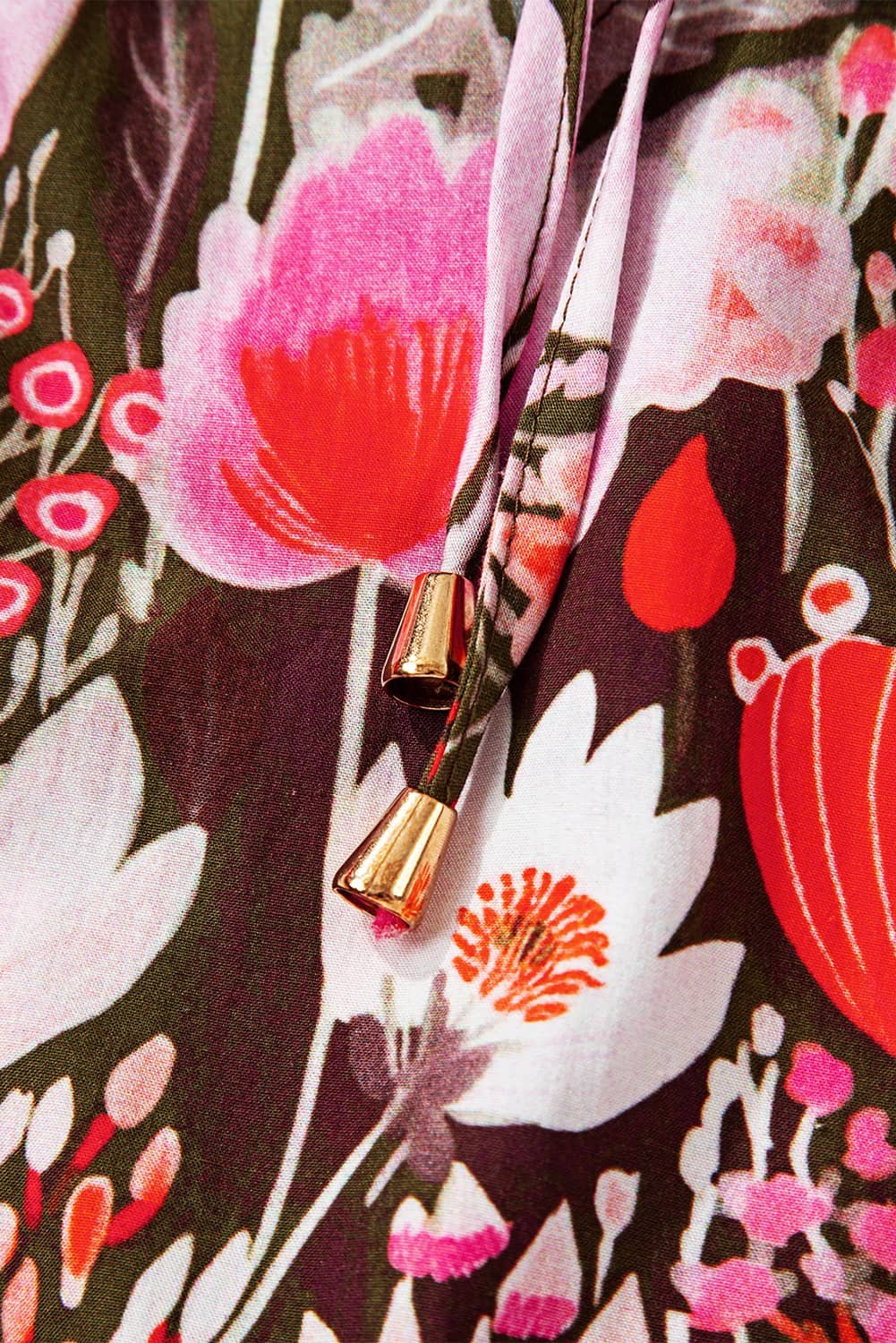 Red Floral Three Quarter Sleeve Lace-Up Neck Blouse