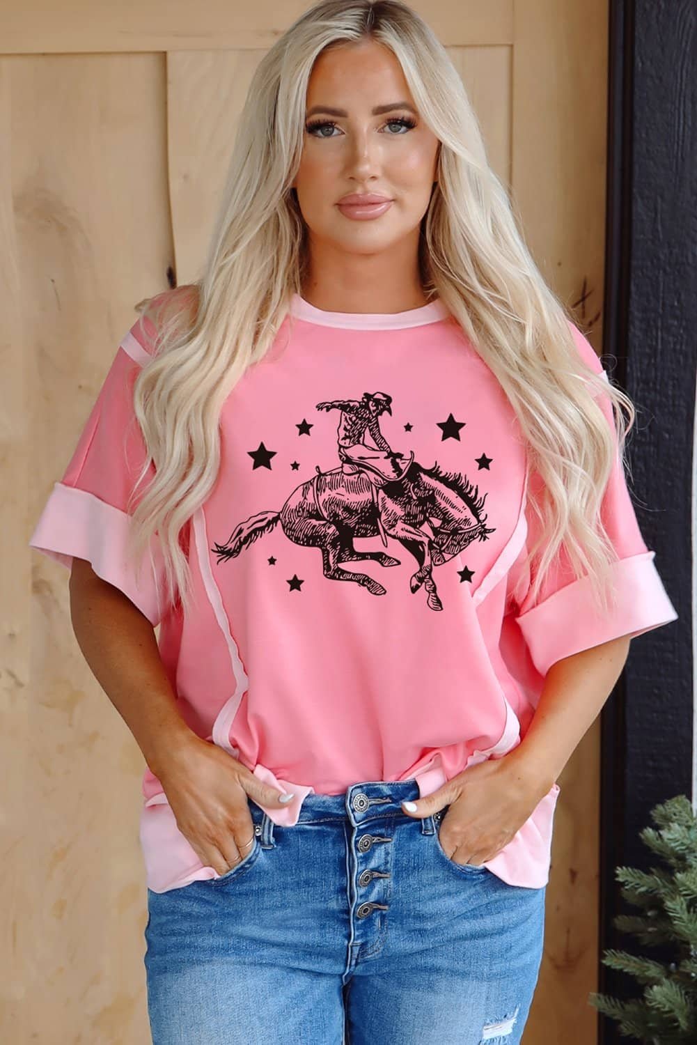 Peach Blossom Raw Seam Mix Texture Patchwork Rodeo Graphic Tee