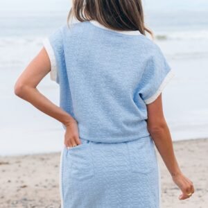 Beau Blue Contrast Trim Textured Crewneck Tee And Pocketed Skirt Set