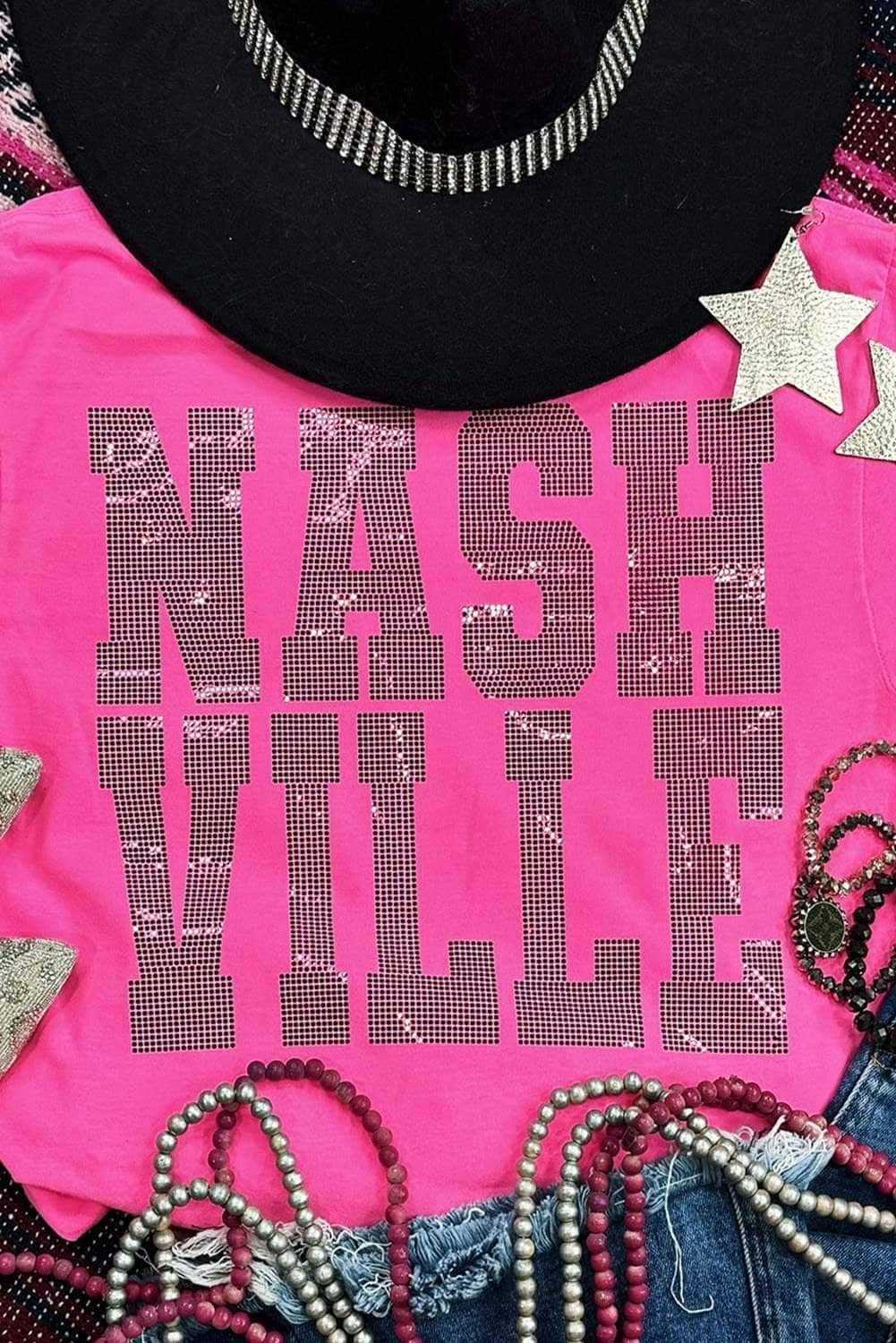 Rose Red Nashville Rhinestone Crew Neck Graphic Tee