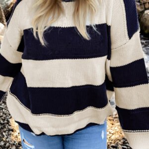 Blue Stripe Color Block Plus Size Drop Shoulder Sweater