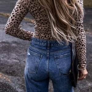 Smoke Gray Leopard Print Long Sleeve Scoop Neck Slim Fit Bodysuit