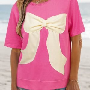 Strawberry Pink Contrasting Color Ribbon Bow Front Patch Loose Tee With Slits