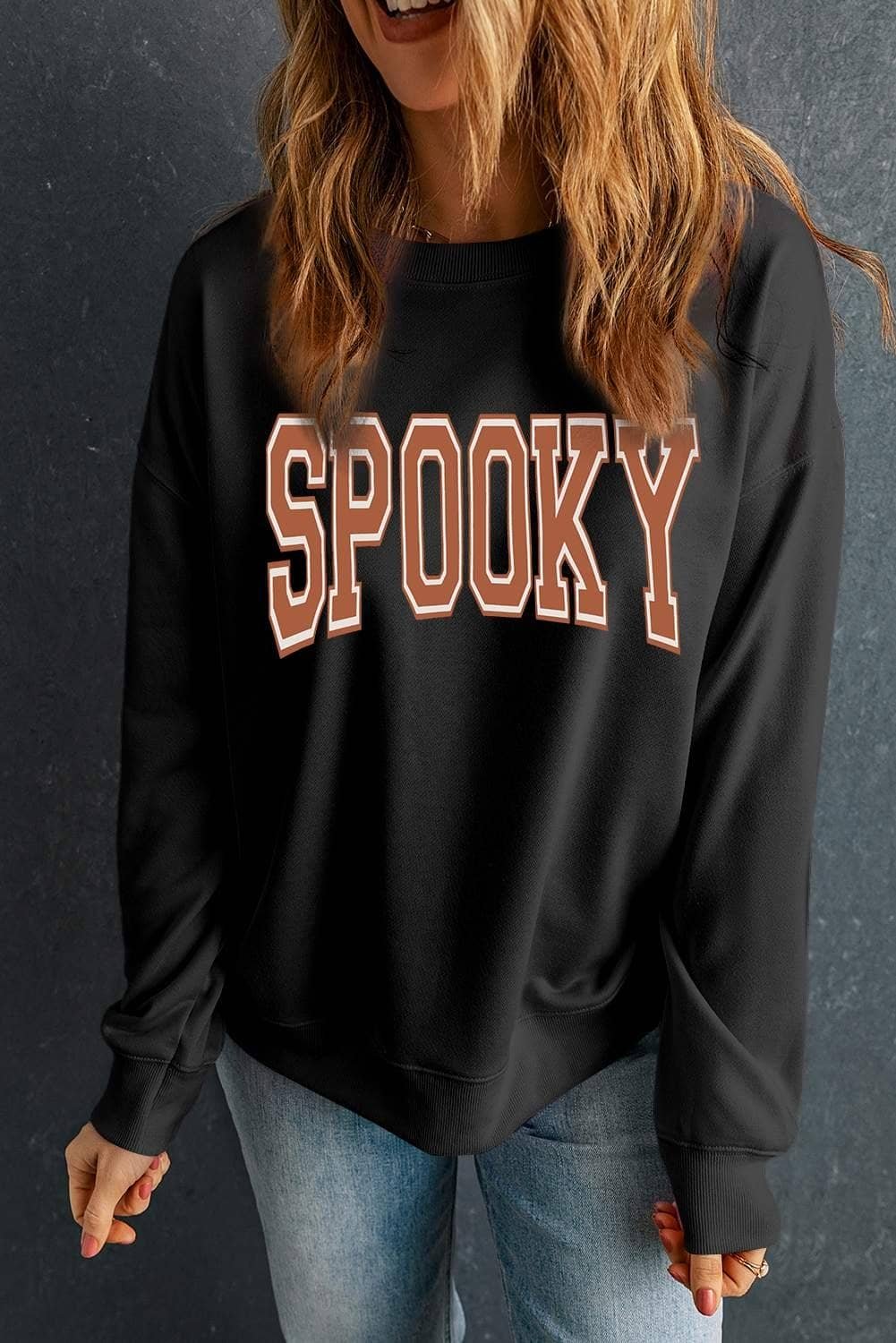 Black Spooky Graphic Drop Shoulder Halloween Pullover Sweatshirt
