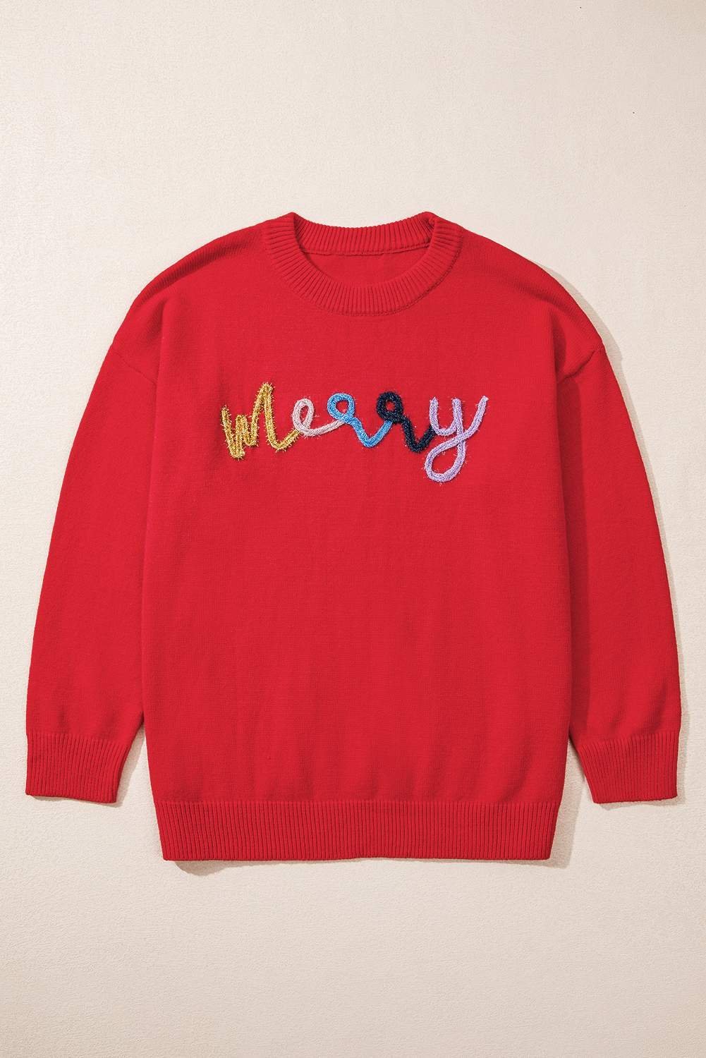Fiery Red Tinsel Merry Pattern Drop Shoulder Plus Size Sweater