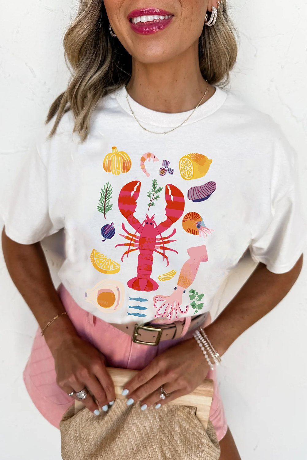 White Crawfish Food Ingredient Graphic Crewneck Tee