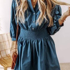 Prussian Blue 3/4 Sleeve Shirred High Waist Buttoned Mini Dress