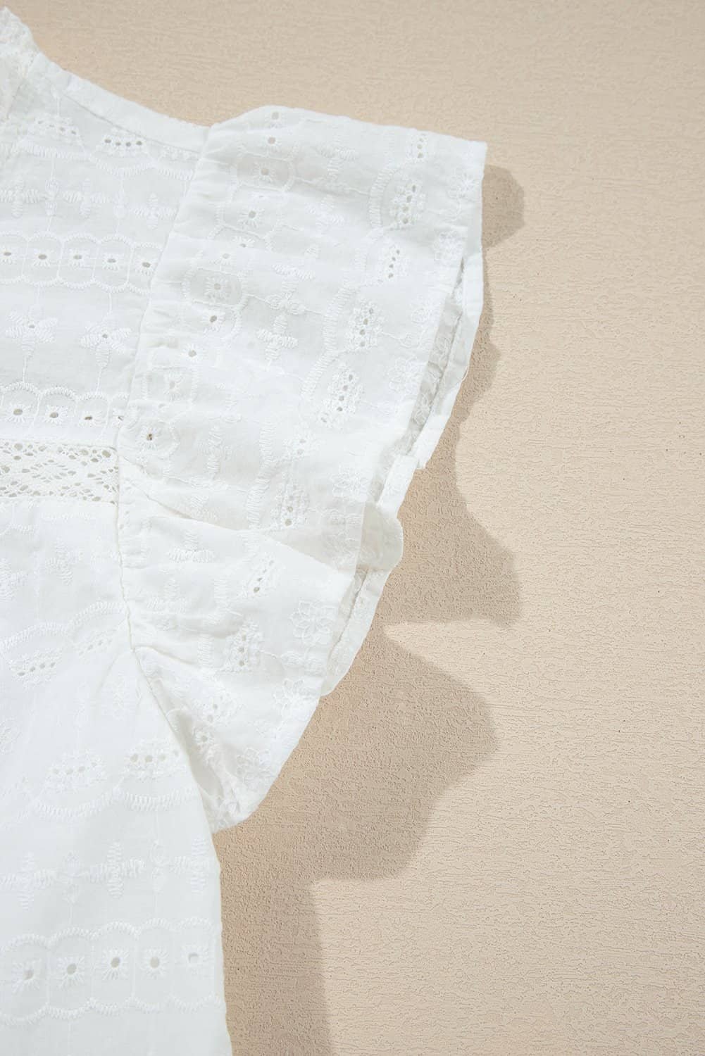 White Lace Neckline Flutter Sleeve Eyelets Blouse