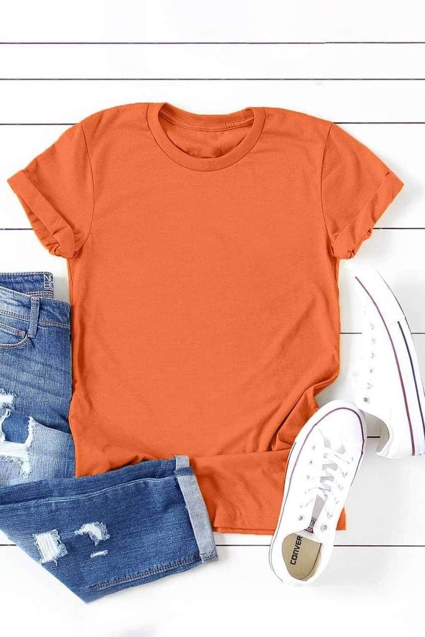 Orange Solid Color Crew Neck Tee