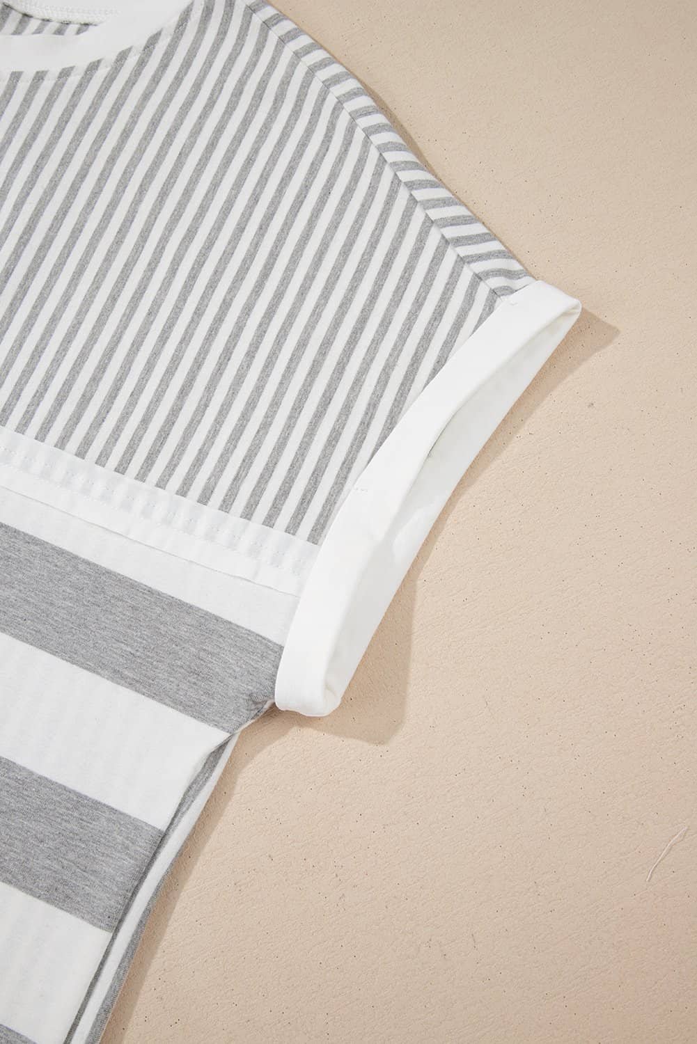 Gray Stripe Mixed Print Short Sleeve Top And Pocketed Shorts Set