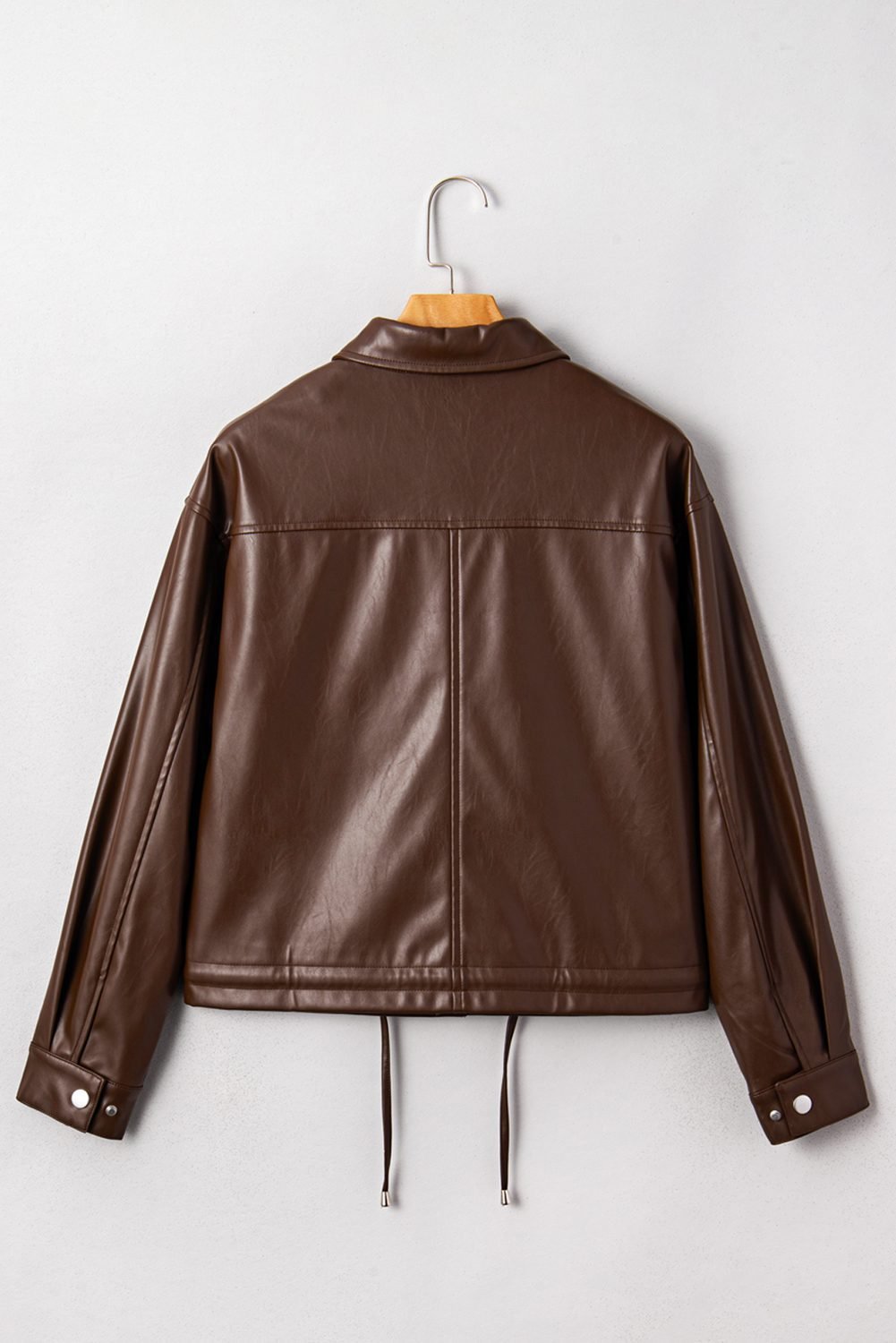 Chicory Coffee Double Flap Pocket Drawstring Hem Leather Jacket