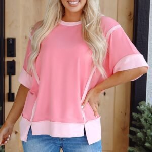 Peach Blossom Half Sleeve Raw Seam High Low Side Split Top