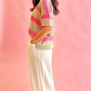 Pink Stripe Colorblock Short Sleeve Crew Neck Lightweight Sweater