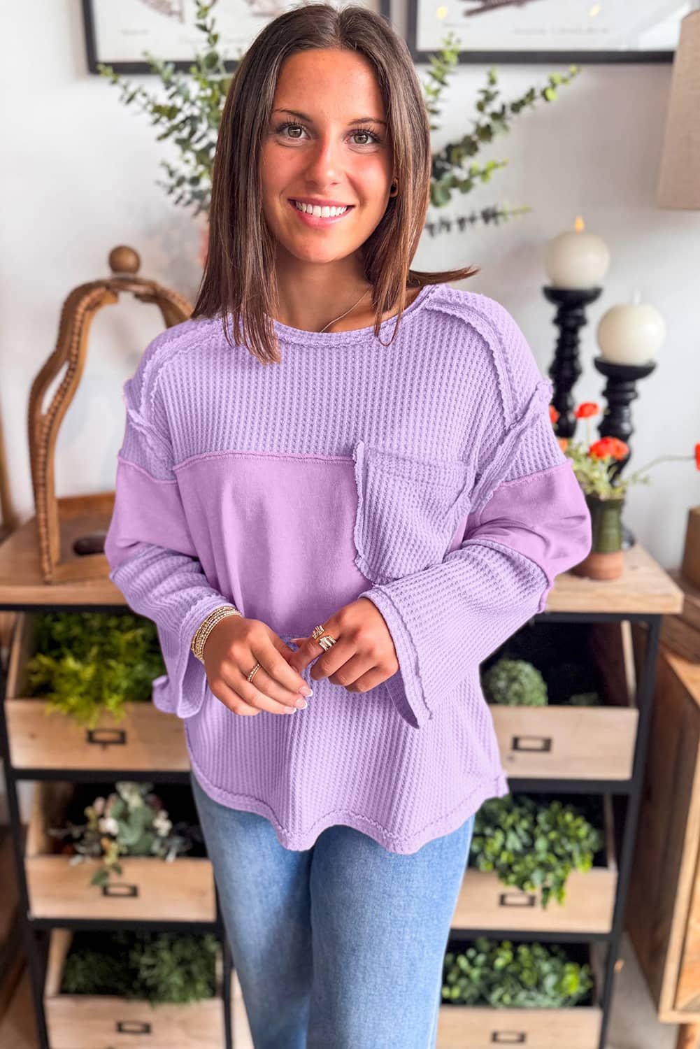 Phalaenopsis Thermal Knit Contrast Textured Patchwork Long Sleeve Top