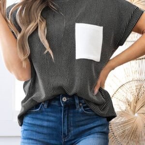 Carbon Grey Corded Knit Color Block Pocketed Crew Neck T Shirt