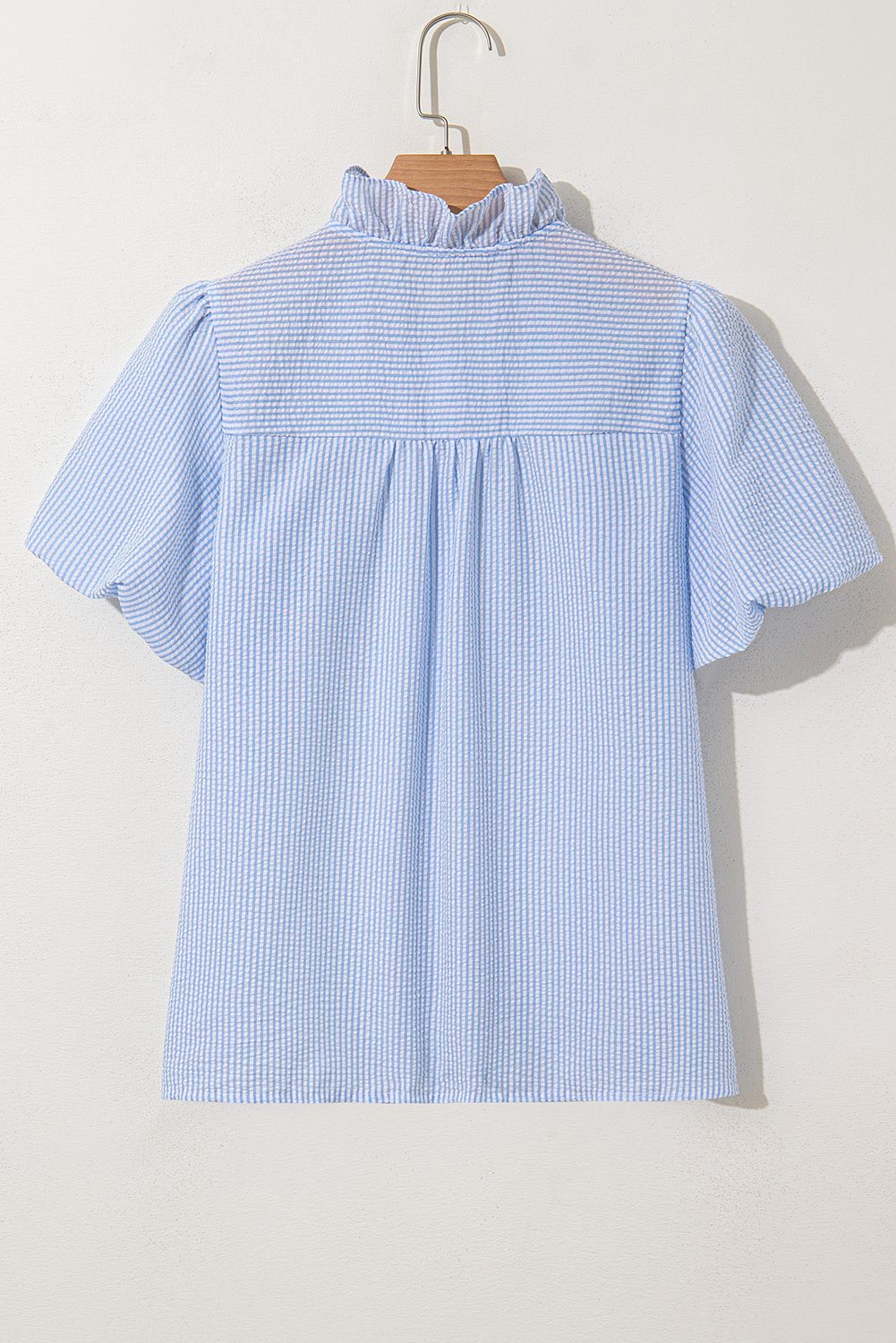 Beau Blue Striped Ruffle Short Bubble Sleeve Shirt