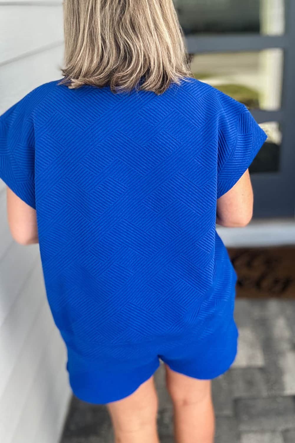 Dark Blue Plus Size Fashion Textured Short 2Pcs Outfit