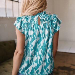 Sky Blue Abstract Print Frilled Crewneck Loose Fit Blouse