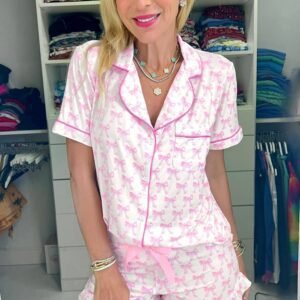 Pink Bowknot Printed Short Sleeve And Ruffled Shorts Valentines Pajama Set