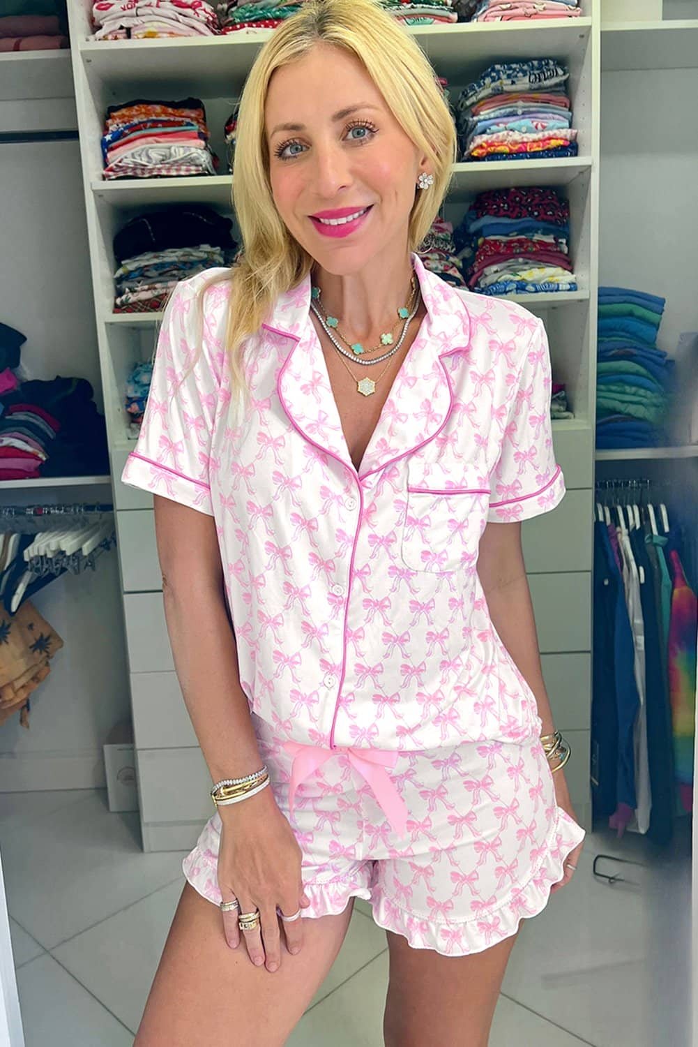 Pink Bowknot Printed Short Sleeve And Ruffled Shorts Valentines Pajama Set