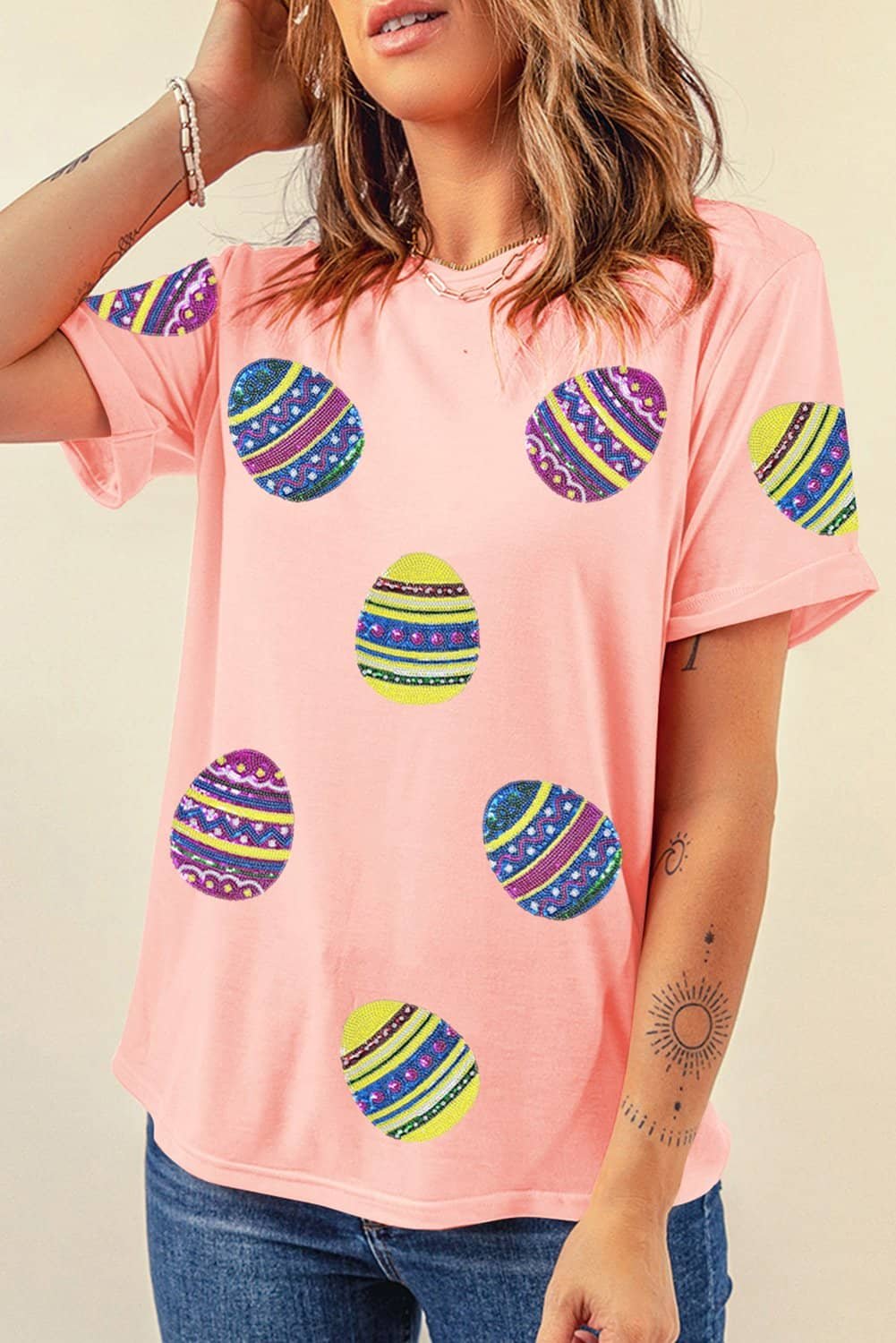 Pink Sequined Easter Egg Patched Print Holiday Tee
