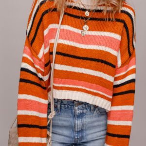 Orange Stripe Drop Shoulder Cropped Pullover Sweater