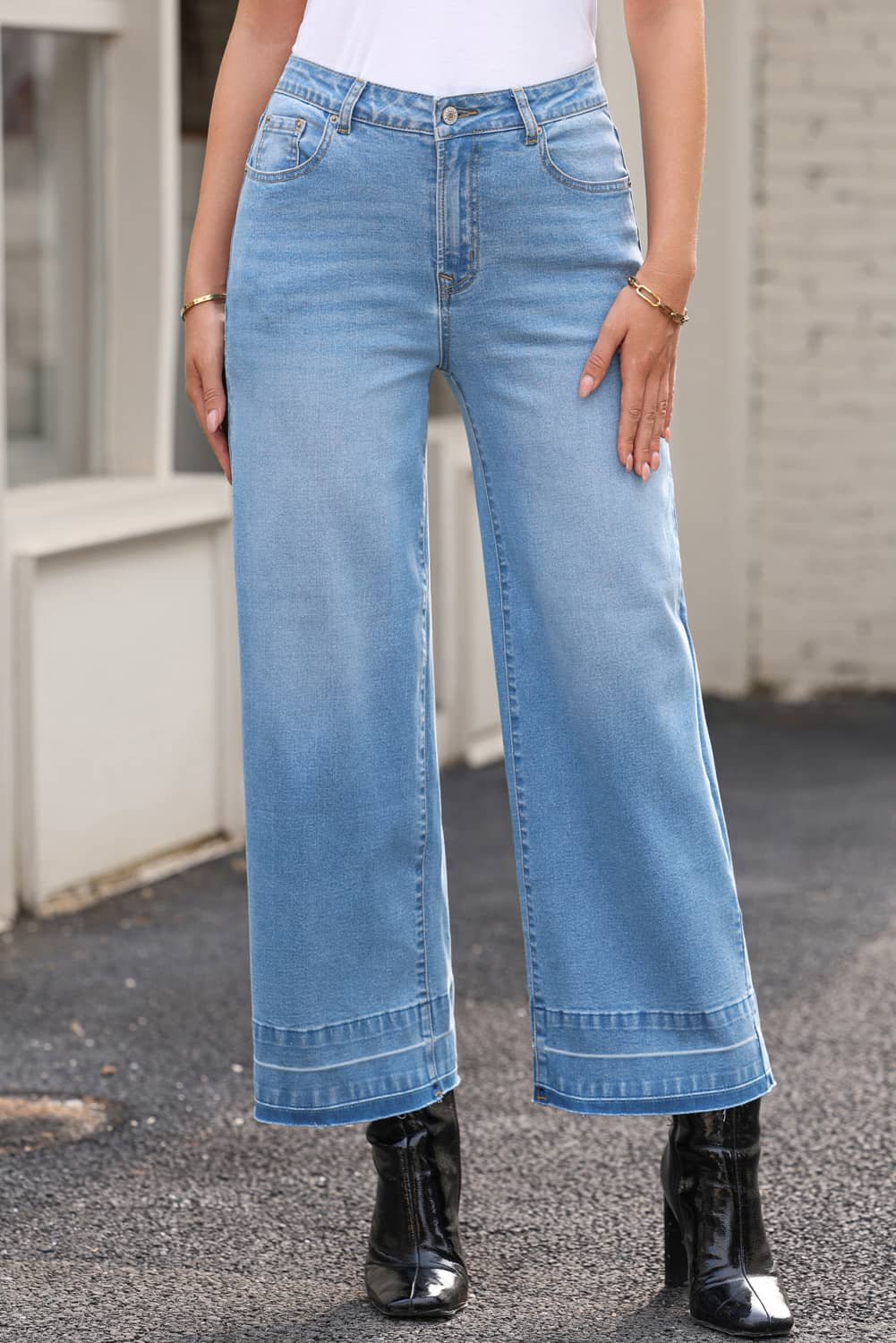 Dusk Blue Raw Hem Straight Leg Loose High Waist Jeans
