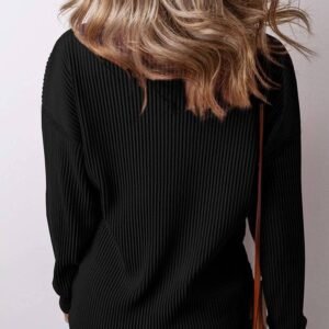 Black Solid Color Corded Drop Shoulder Long Sleeve Top