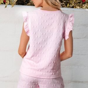 Pink Bow Jacquard Ruffle Sleeve Short 2Pcs Outfit