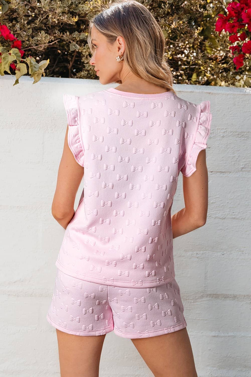 Pink Bow Jacquard Ruffle Sleeve Short 2Pcs Outfit
