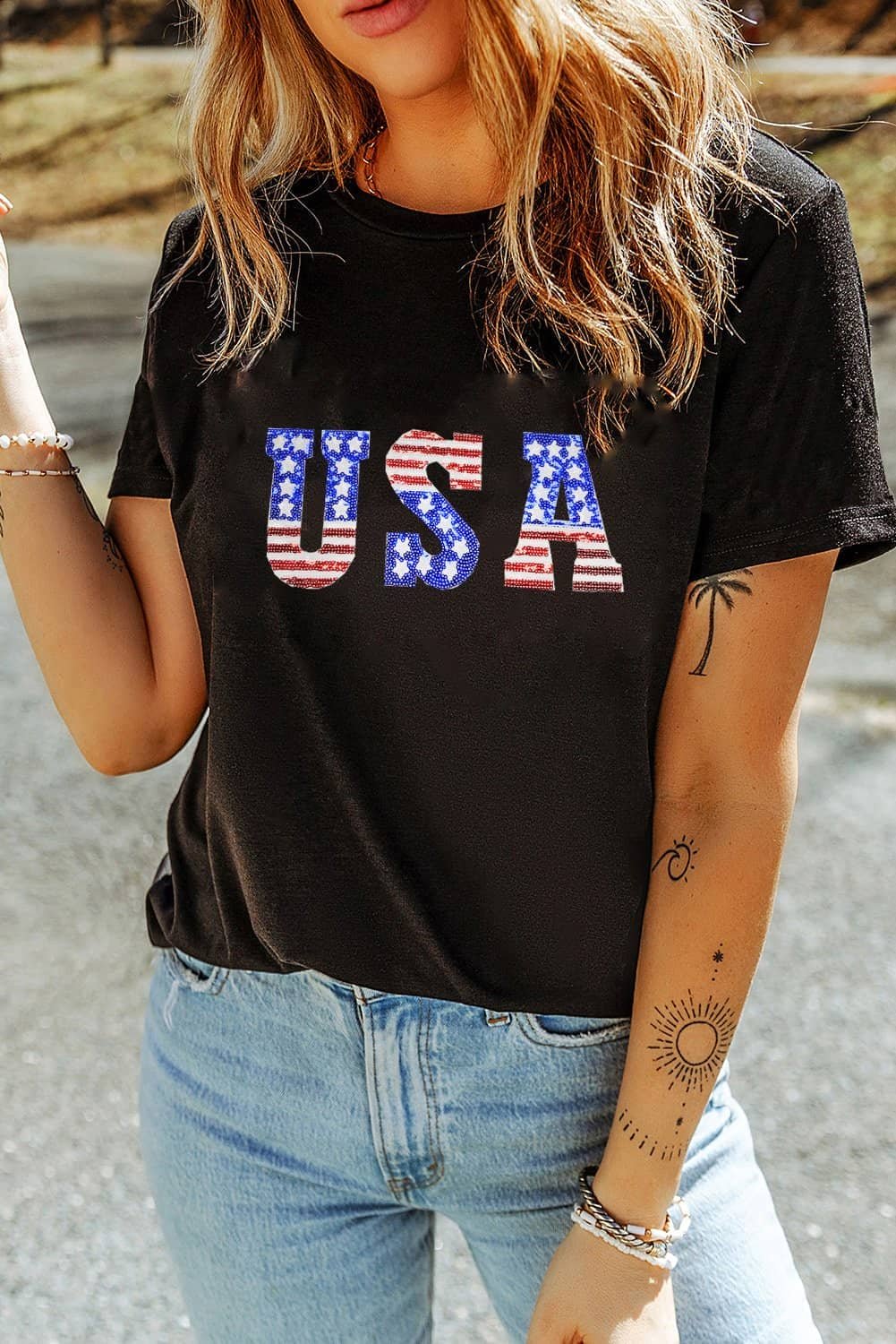 Black Usa Stars And Stripes Crew Neck Graphic Tee