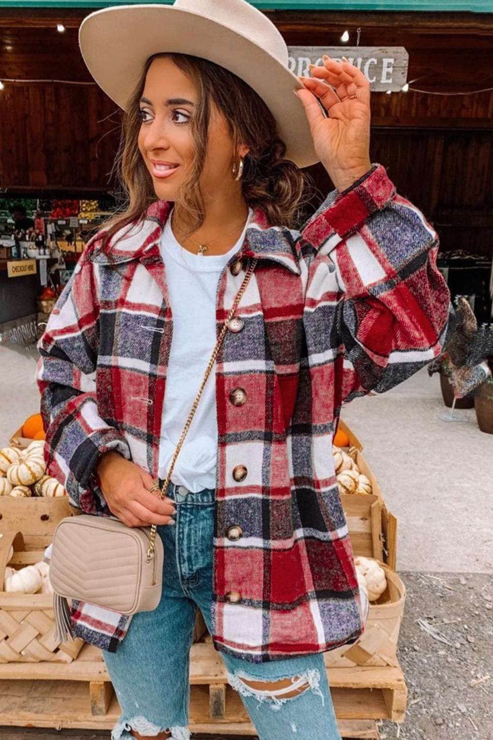 Red Plaid Print Buttoned Shirt Jacket