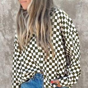 Green Checkerboard Printed Drop Shoulder Loose Casual Shirt