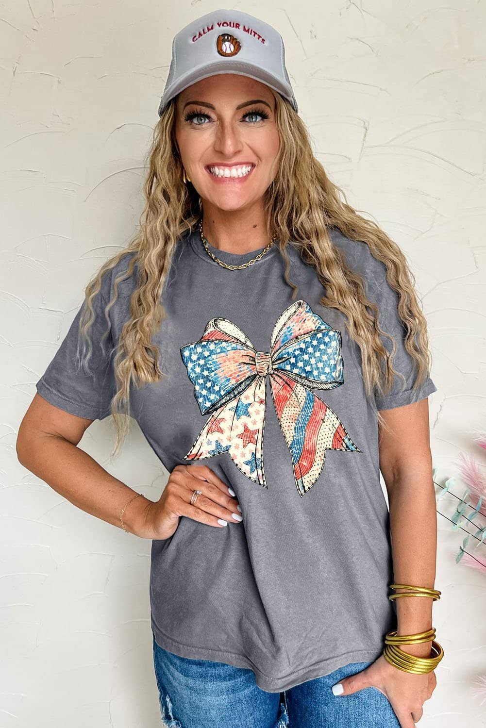 Gray Us Flag Bow Print Round Neck Loose T Shirt