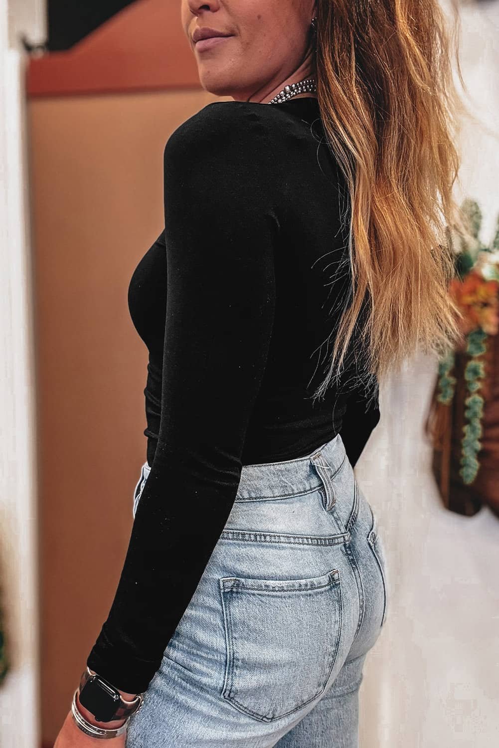 Black Solid Color Long Sleeve Fitted Top