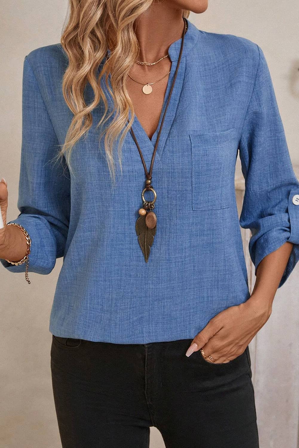 Ashleigh Blue Solid Color Notched V Neck Roll Up 3/4 Sleeve Blouse