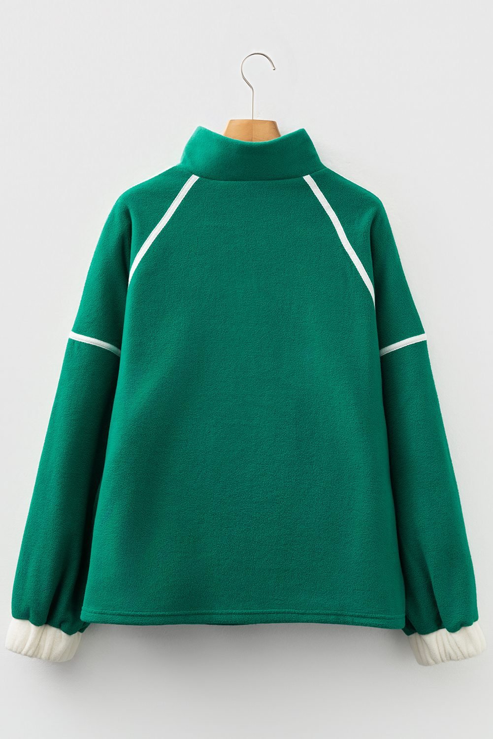 Dark Green Half Zip Contrast Trim Pocketed Plus Size Fleece Sweatshirt