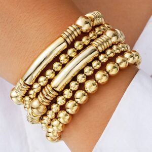 Gold Layered Plated Alloy Beaded Elastic Bracelet Set