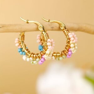 Gold Beaded Flower Hoop Alloy Earrings
