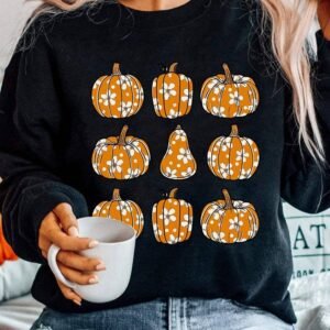 Black Floral Pumpkin Graphic Round Neck Halloween Sweatshirt