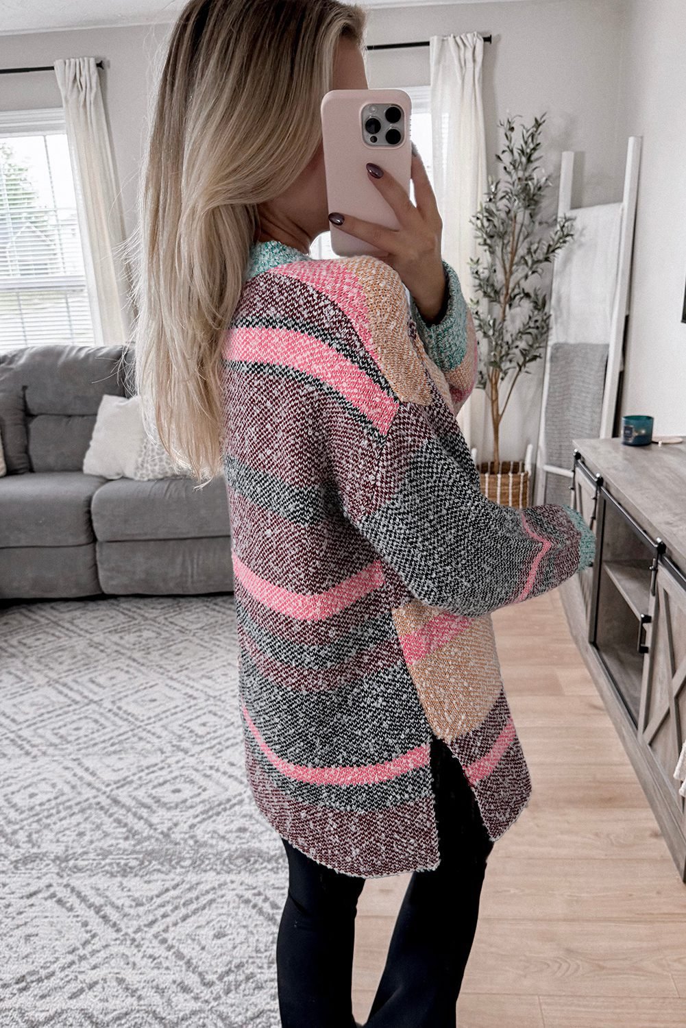 Multicolour Color Block Striped Side Slit Open Front Cardigan