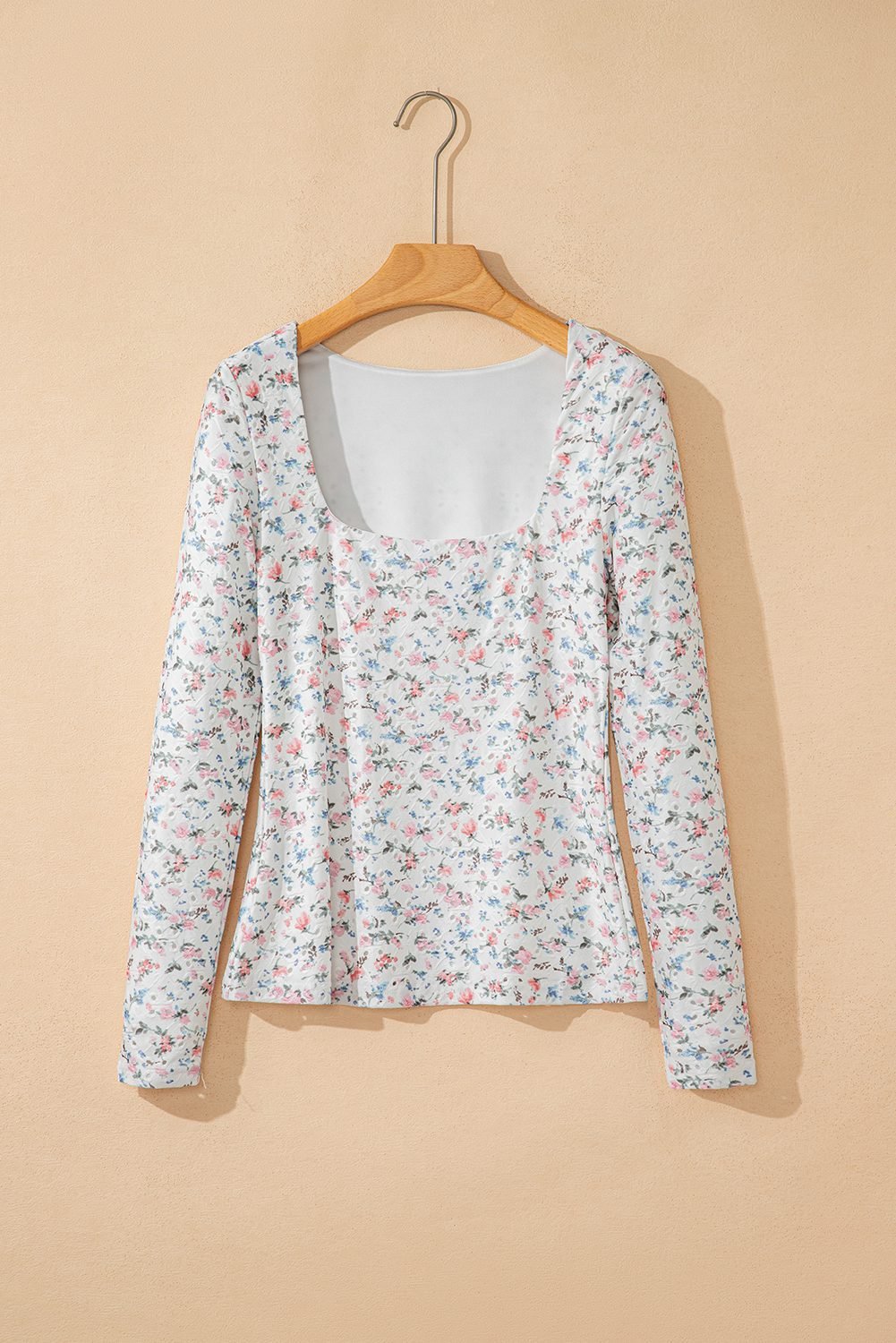 White Floral Print Textured Square Neck Slim Fit Long Sleeve Top