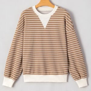 Khaki Stripe Patched Edge Textured Round Neck Long Sleeve Top
